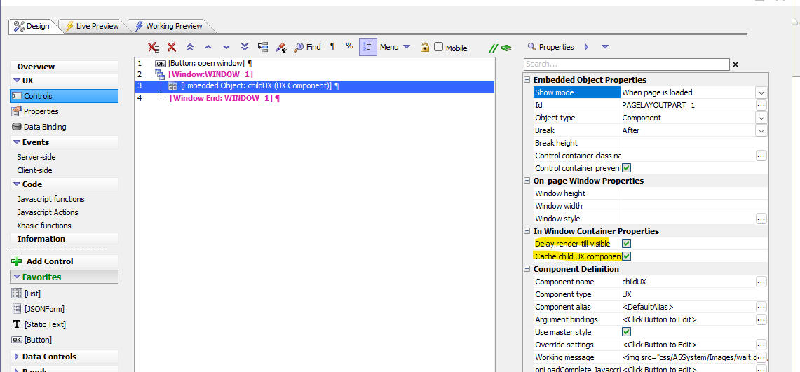 Properties for Embedded Object, showing "In Windows Container Properties" options "Delay render til visible" and "Cache child UX component".